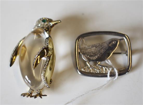 Crystal glass and gilt metal penguin brooch and a Scottish silver wren brooch